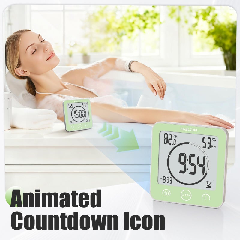 Baldr Shower Clock Waterproof Bathroom Clock with Timer/Temperature/Humidity, Digital Timers for Kids and Adults, Bath Kitchen Study, Green - Image 3